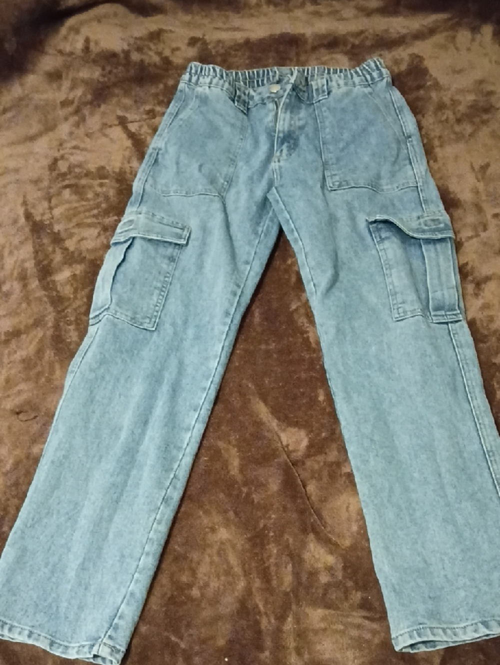 Men's Light Blue Denim Cargo Pants with Elastic Waist